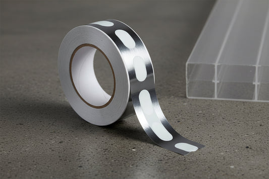 Reflective aluminum foil tape roll for polycarbonate roofing and greenhouse sealing applications, durable waterproof insulation tape with high heat resistance, professional industrial adhesive product