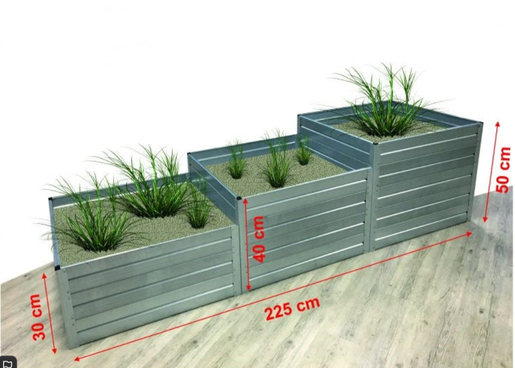 Three gray metal raised garden beds with plants, shown on a light wood floor against a white background, with red dimension lines and labels indicating 225 cm length, 50 cm height, 40 cm step height, and 30 cm depth.