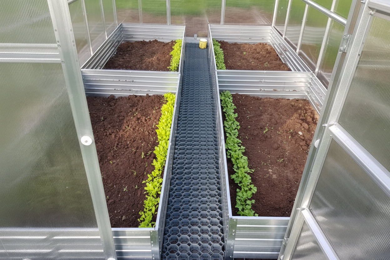 A greenhouse walkway with a black plastic slotted path running between raised garden beds containing soil and young green plants.