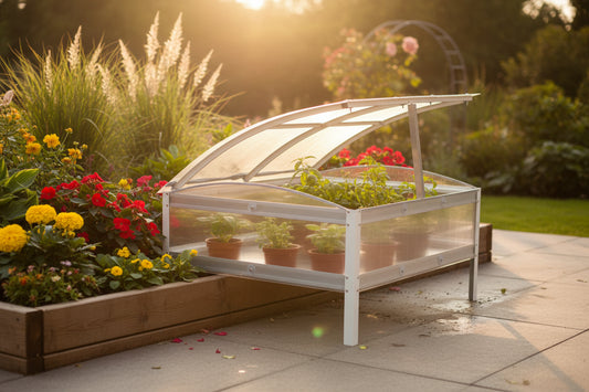 A small silver-framed mini greenhouse with a transparent polycarbonate cover, designed for raised bed gardening.
