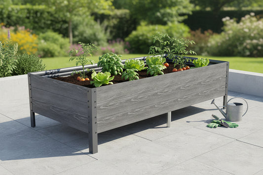 A gray, oak imitation finish, raised garden bed with dimensions 150 x 75 x 30 cm, featuring a UV stabilizer surface treatment and metal legs.