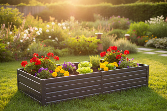 A rectangular raised garden bed with dark gray horizontal slats, filled with red, purple, yellow, and green flowers, set on a green lawn in a sunny, landscaped garden.
