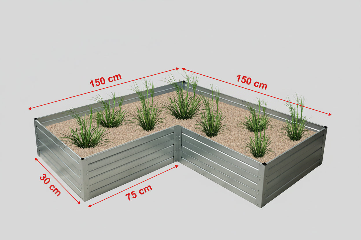 L-shaped galvanized steel raised garden beds filled with sand and small green plants, shown with red dimension lines and labels indicating 150 cm by 150 cm by 30 cm by 75 cm on a light gray background.