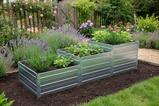 Three galvanized steel slatted raised garden beds filled with green plants, arranged in a landscaped garden bed with mulch, lavender, and a wooden fence in the background.