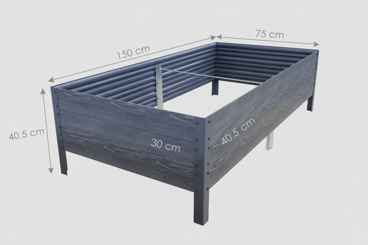 A rectangular raised garden bed with a weathered dark gray wood-look finish, shown with dimension arrows and labels indicating 150 cm length, 75 cm width, 30 cm height, and 40.5 cm depth on a white background.